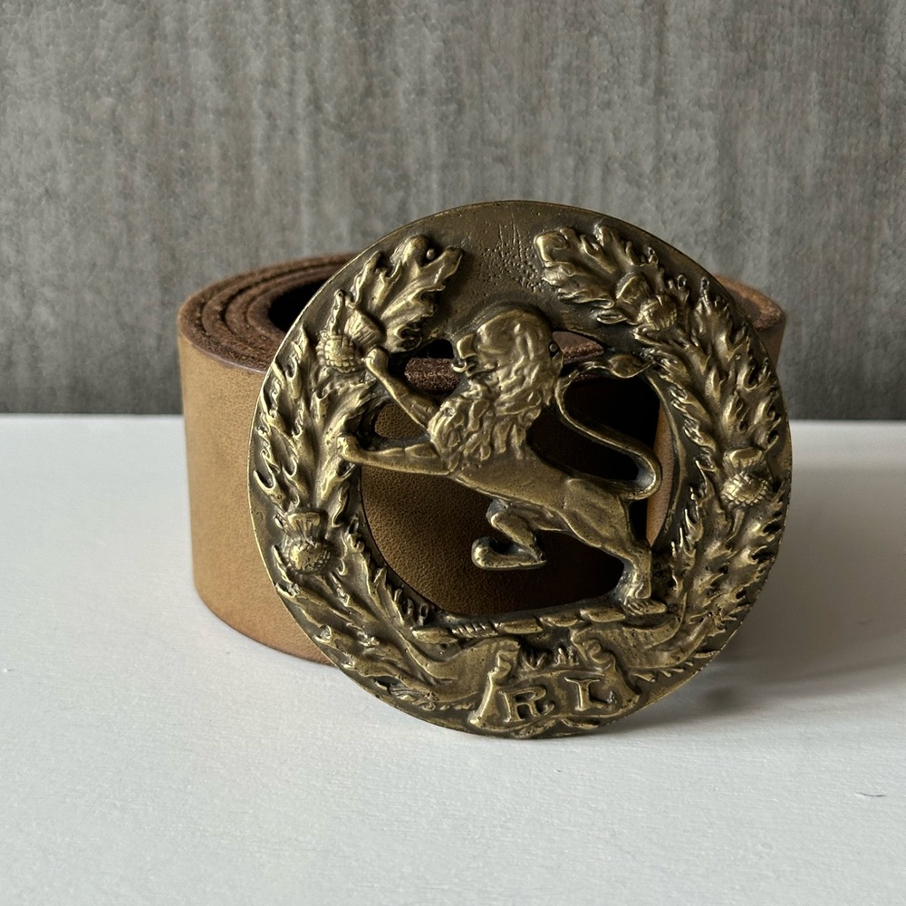 RUGBY Ralph Lauren Womens Wide Brown Leather Belt Lion Crest Buckle Size Large